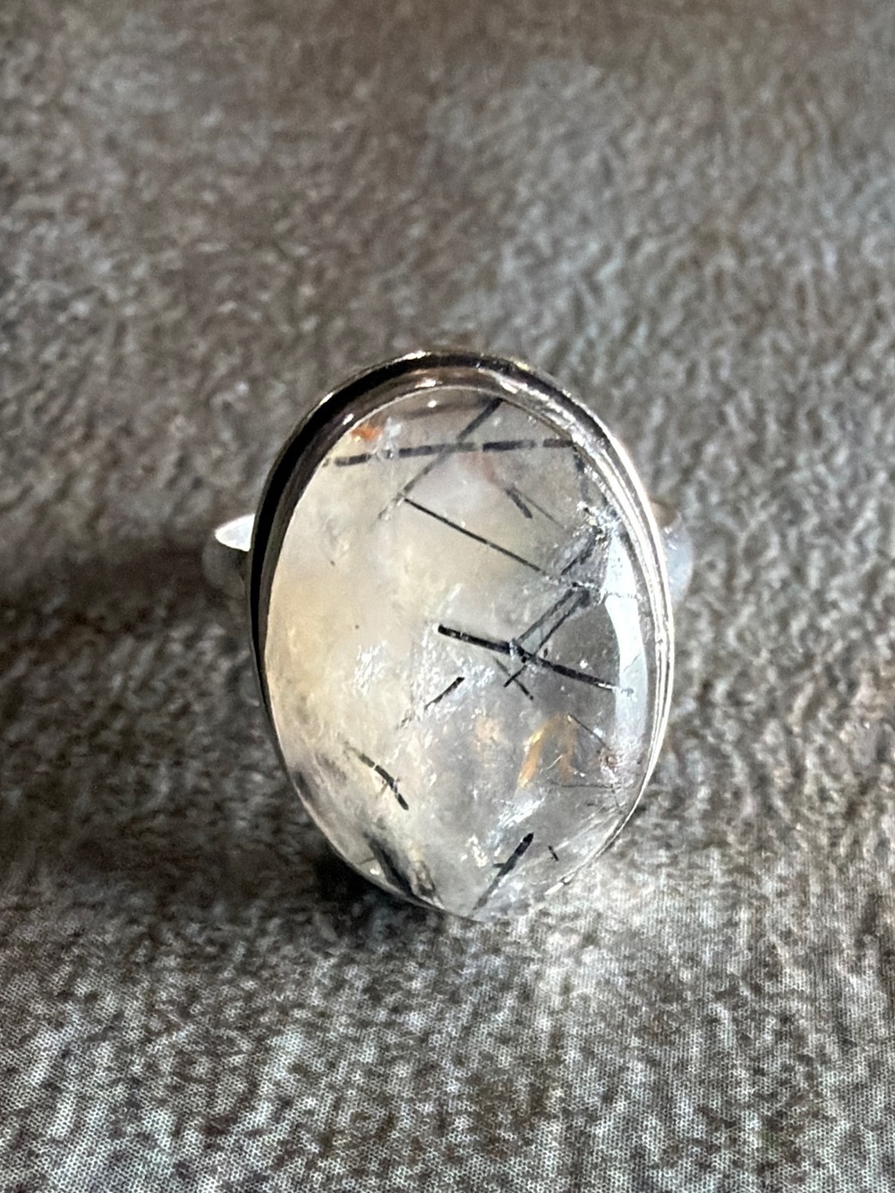 Boho Vintage Black Tourmalinated Quartz Stone Ring Size 8 Silver 925 Overlay